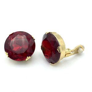 ZOE COSTE vtg designer clip earrings - huge round ruby red faceted glass gold